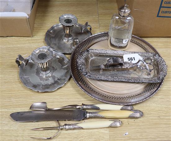 A plated snuffer tray, a spirit flask, a pair of chamber sticks and sundries